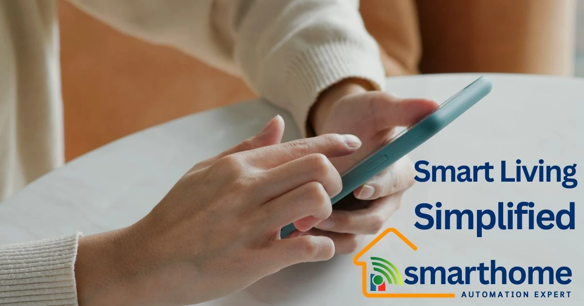 Smart home Simplified the smart home resident holding a phone to control his automated smart house