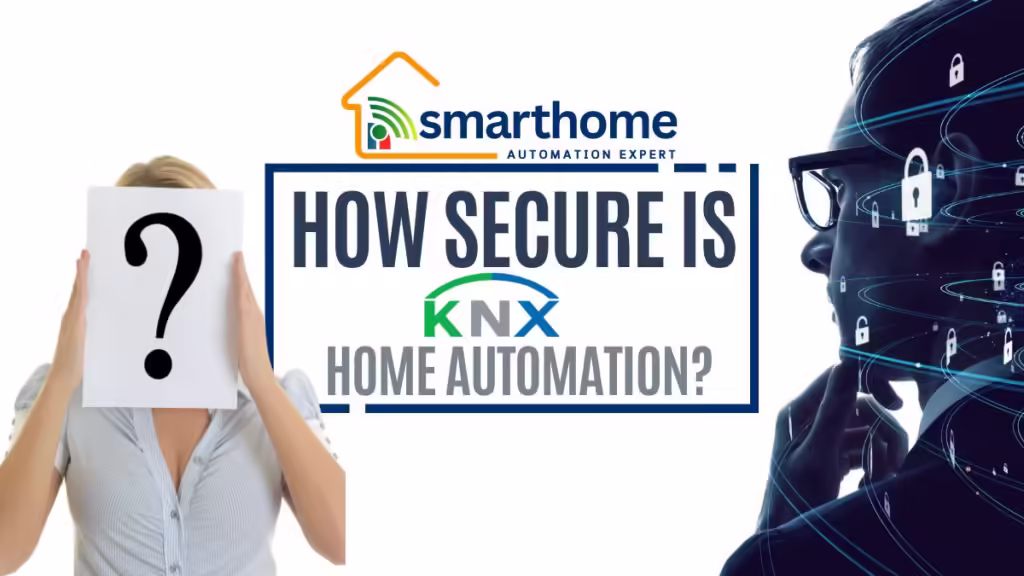 A visual representation of security in KNX home automation featuring a question mark and digital locks to know How Secure is KNX Home Automation